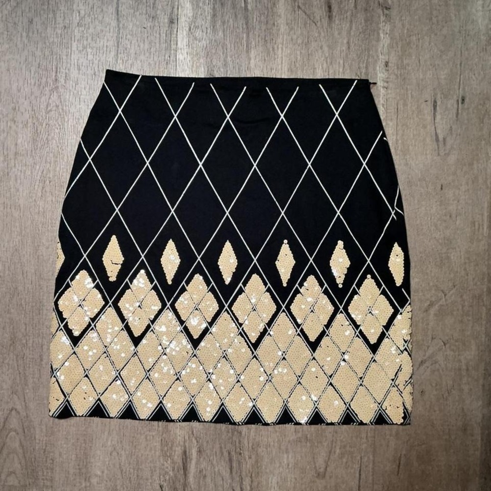 Vanity Petites Black Gold Sequin Diamond Mini Skirt Size M NWT Party Night Out‎